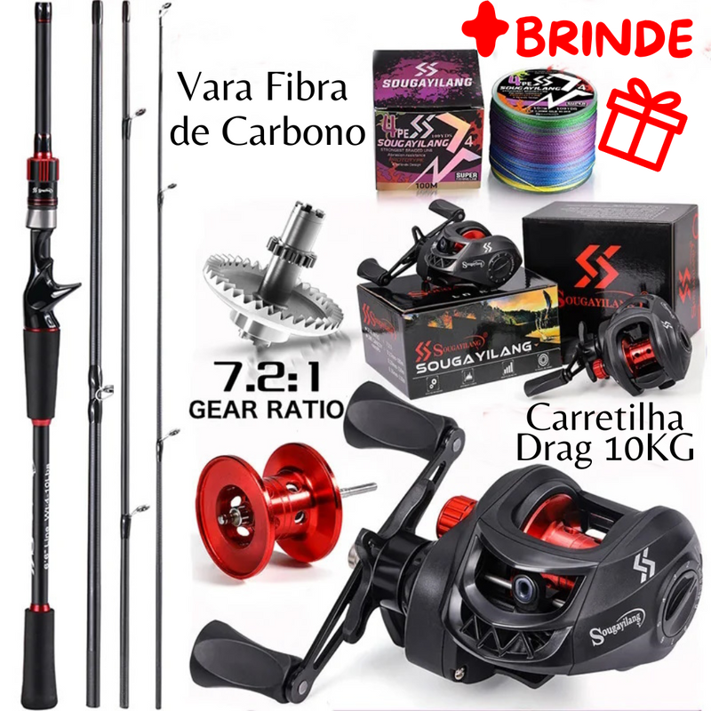 Vara Fibra de Carbono e Carretilha Drag 10kg Sougayilang