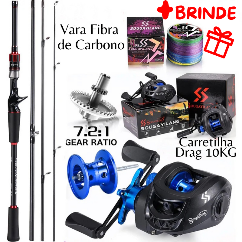 Vara Fibra de Carbono e Carretilha Drag 10kg Sougayilang